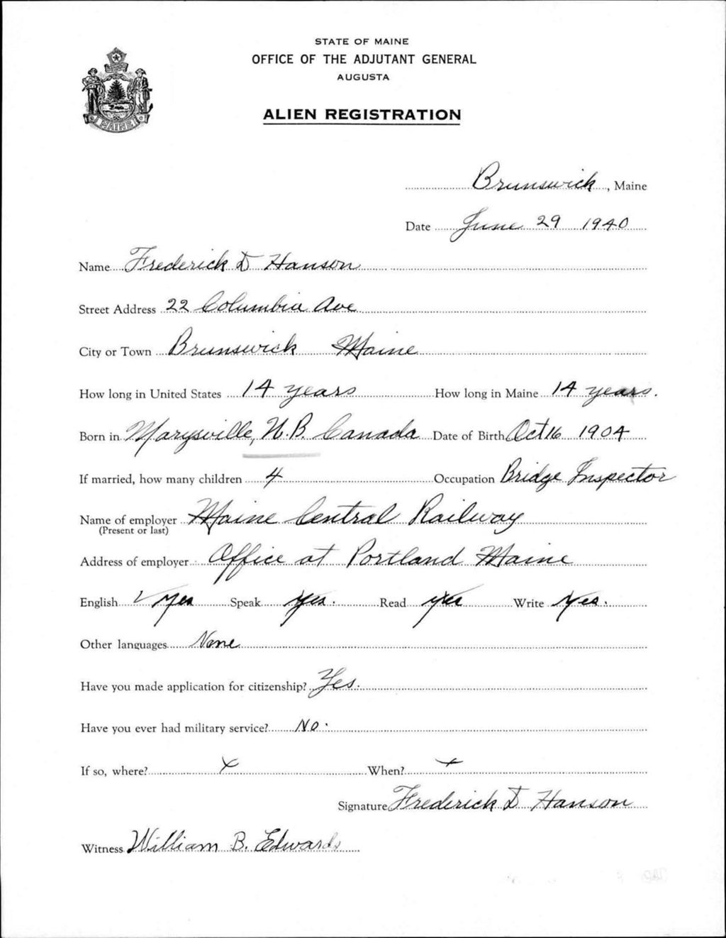 Alien Registration- Hanson, Frederick D. (Brunswick, Cumberland County)