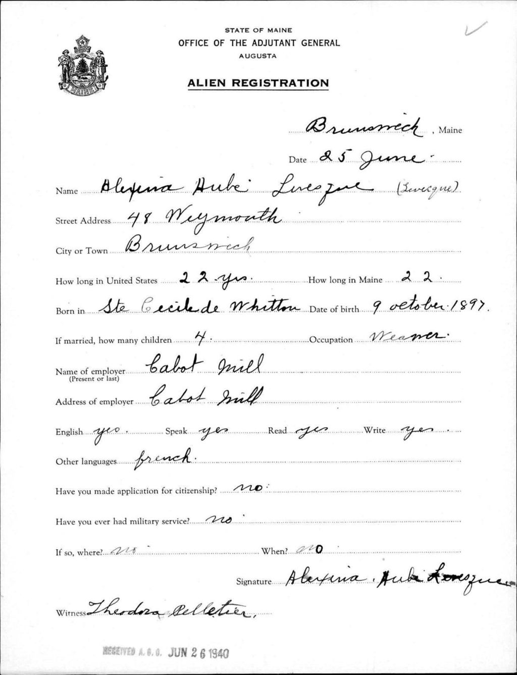 Alien Registration- Hube, Alexina (Brunswick, Cumberland County)