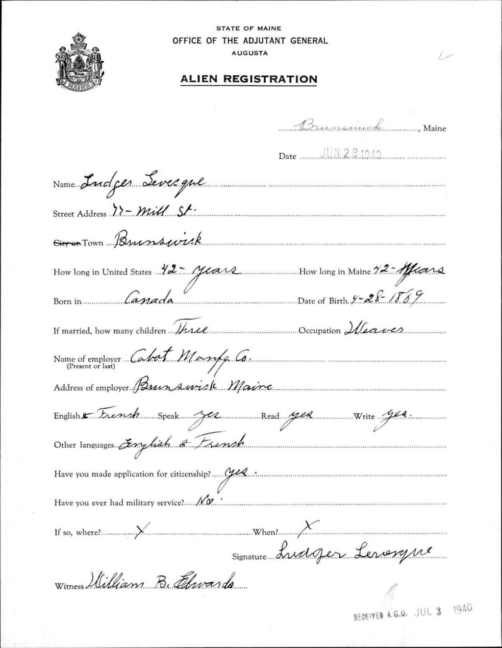 Alien Registration- Levesque, Ludger (Brunswick, Cumberland County)