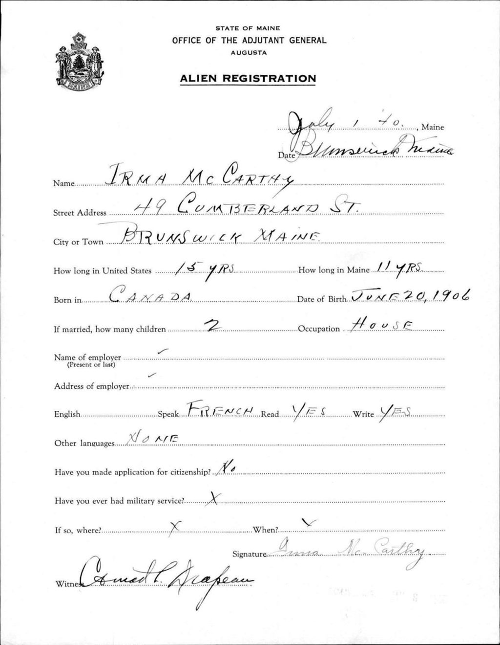 Alien Registration- Mccarthy, Irma (Brunswick, Cumberland County)
