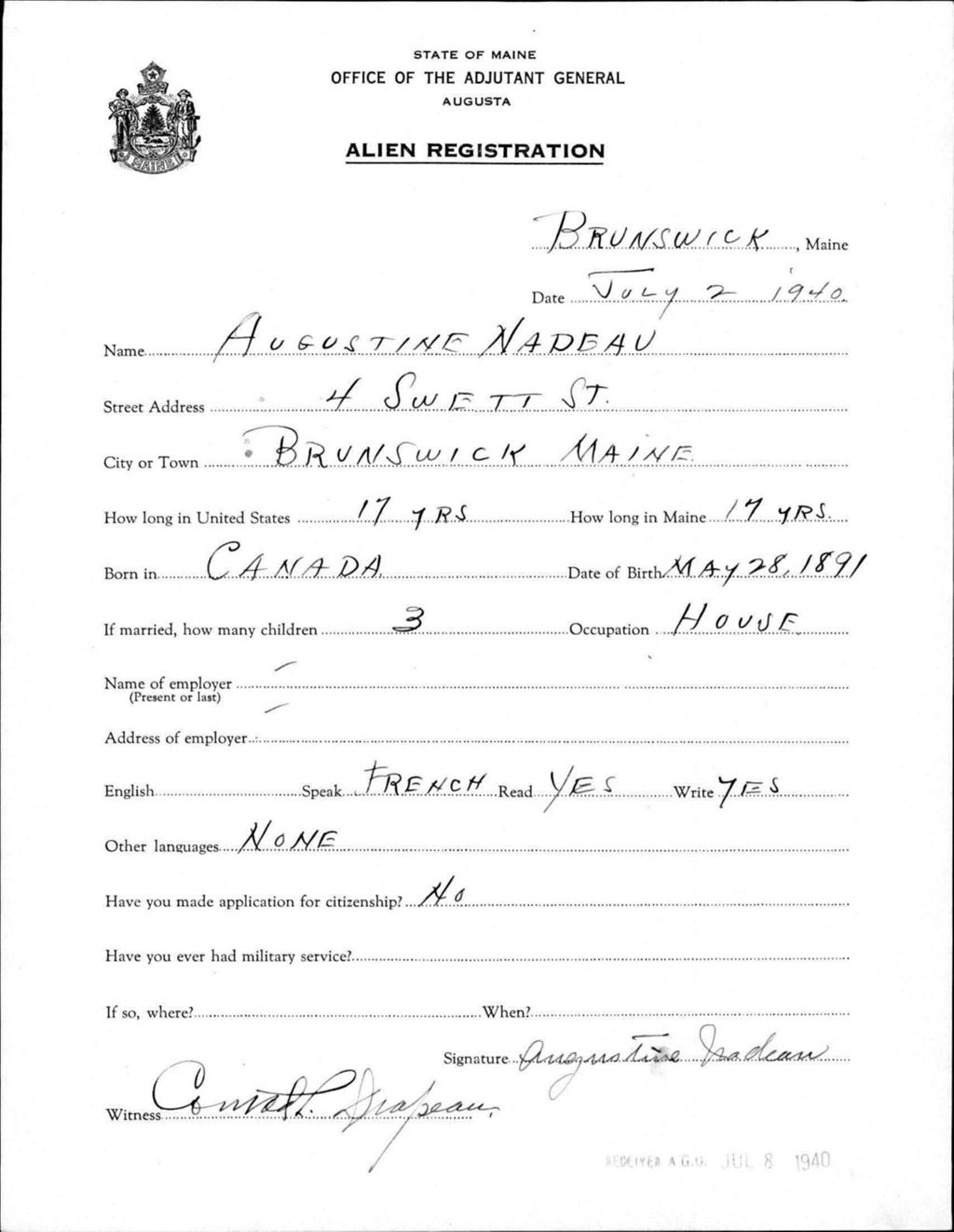 Alien Registration- Nadeau, Augustine (Brunswick, Cumberland County)