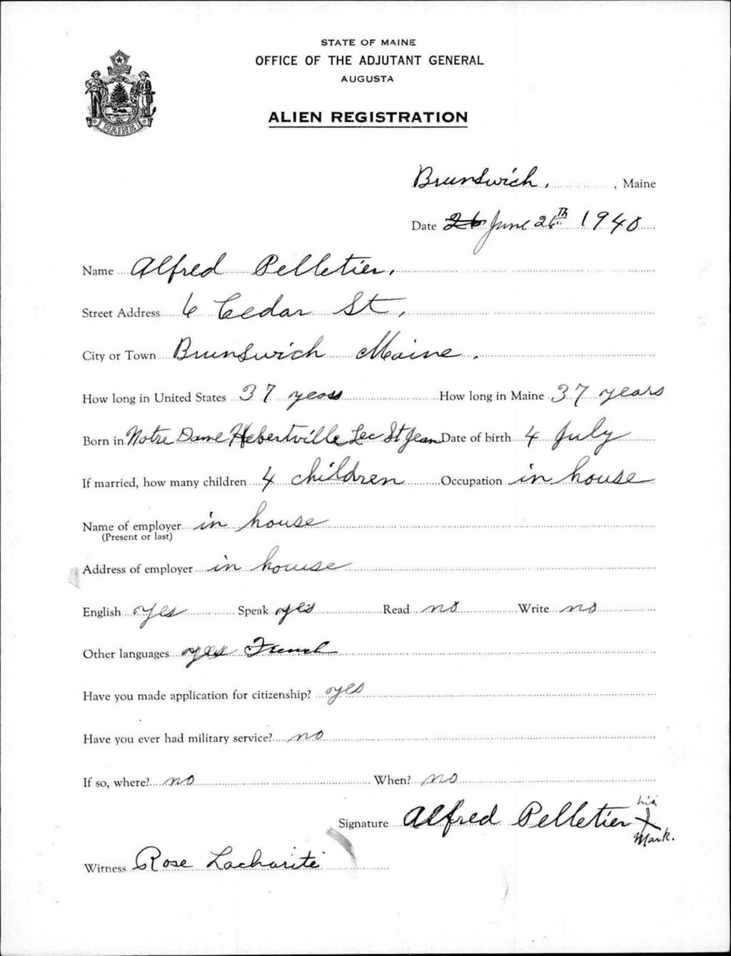 Miniature of Alien Registration- Pelletier, Alfred (Brunswick, Cumberland County)