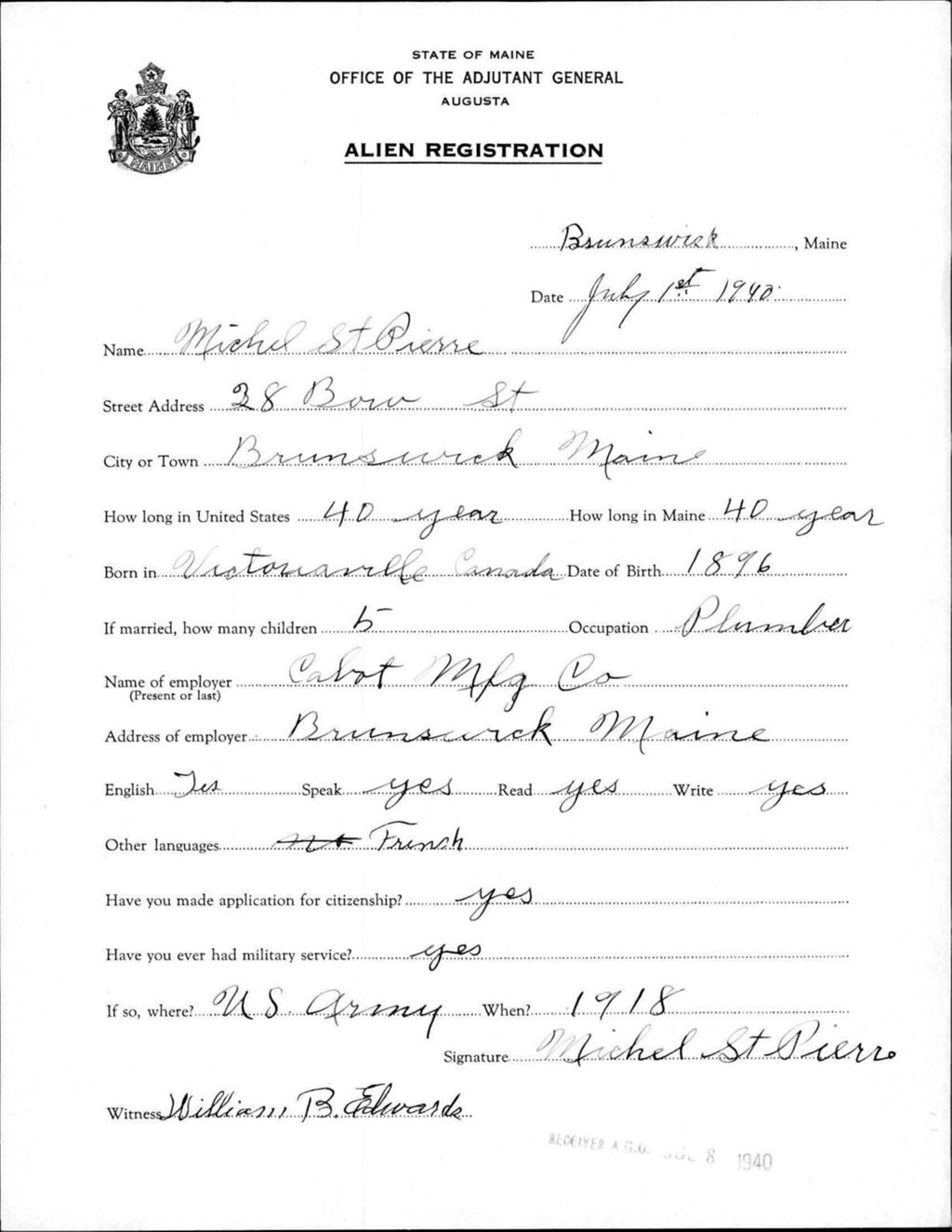 Alien Registration- St Pierre, Michel (Brunswick, Cumberland County)