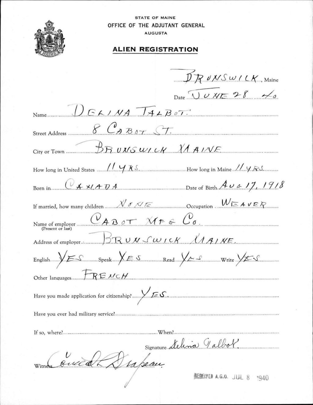 Alien Registration- Talbot, Delina (Brunswick, Cumberland County)