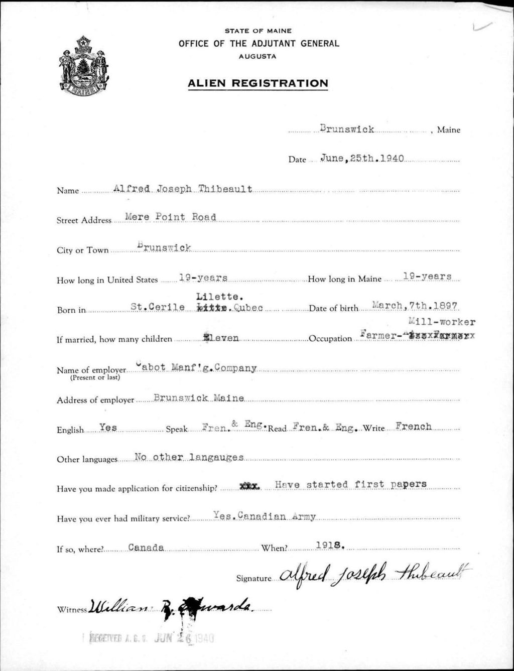Alien Registration- Thibeault, Alfred J. (Brunswick, Cumberland County)
