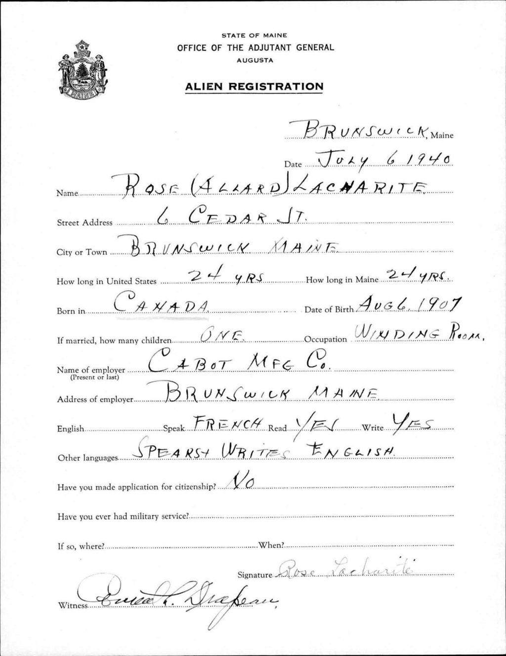 Alien Registration- Allard, Rose (Brunswick, Cumberland County)