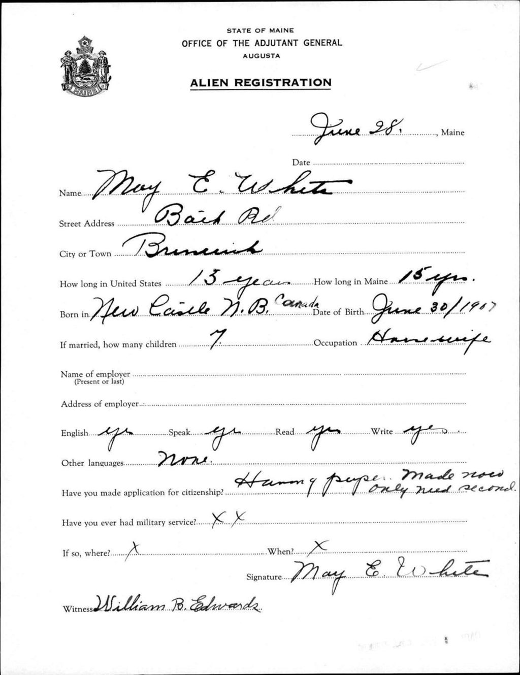 Alien Registration- White, May E. (Brunswick, Cumberland County)