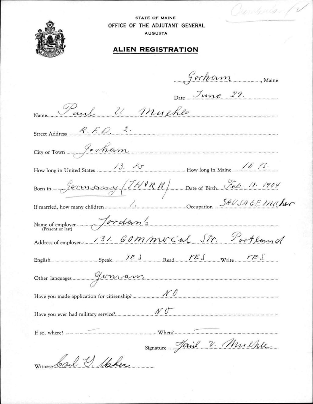 Alien Registration- Muehle, Paul V. (Gorham, Cumberland County)