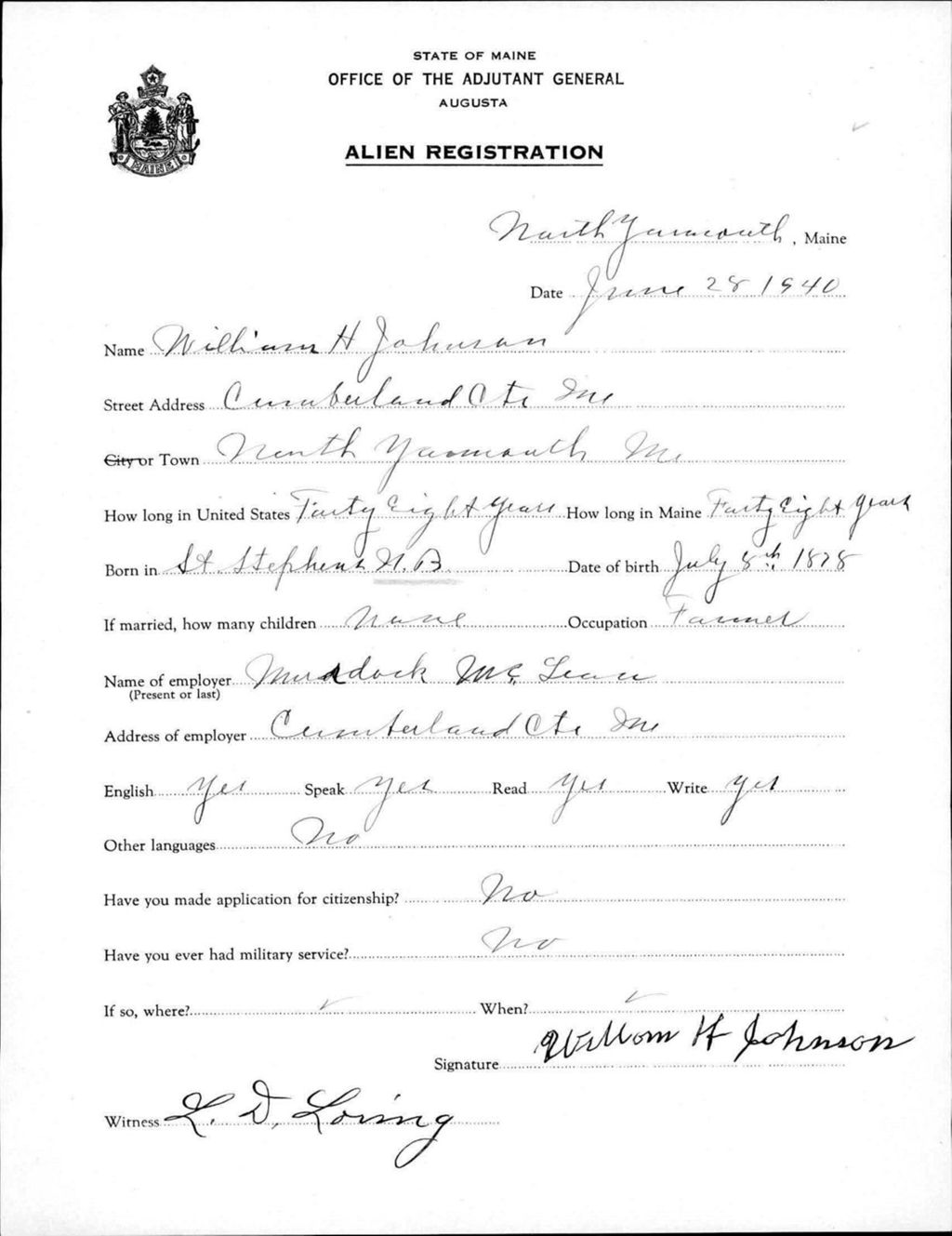 Alien Registration- Johnson, William H. (Gorham, Cumberland County)