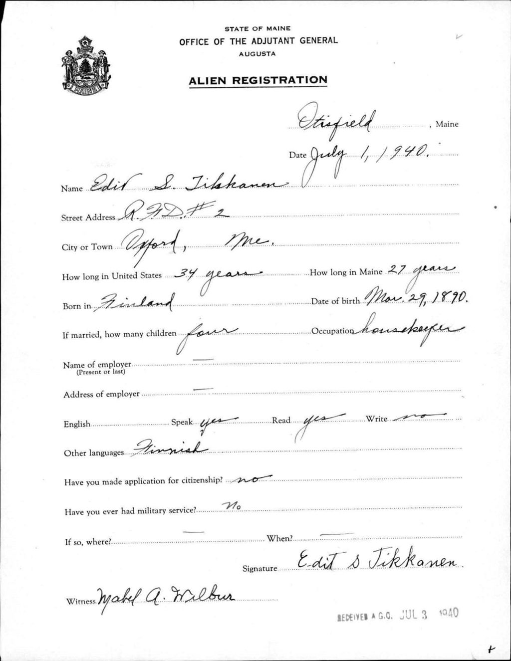 Alien Registration- Tikkanen, Edit S. (Gorham, Cumberland County)