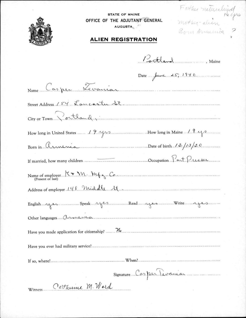 Alien Registration- Tevanian, Casper (Portland, Cumberland County)