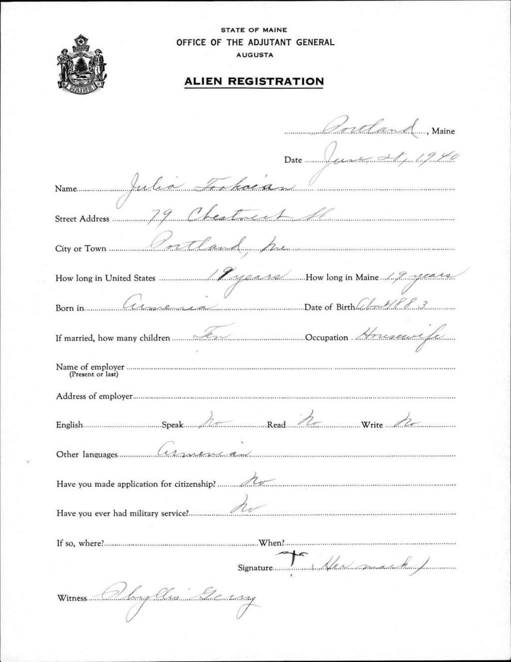 Alien Registration- Tookarian, Julia (Portland, Cumberland County)