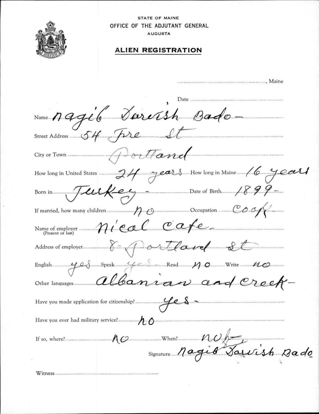 Alien Registration- Bado, Nagib Darvish (Portland, Cumberland County)