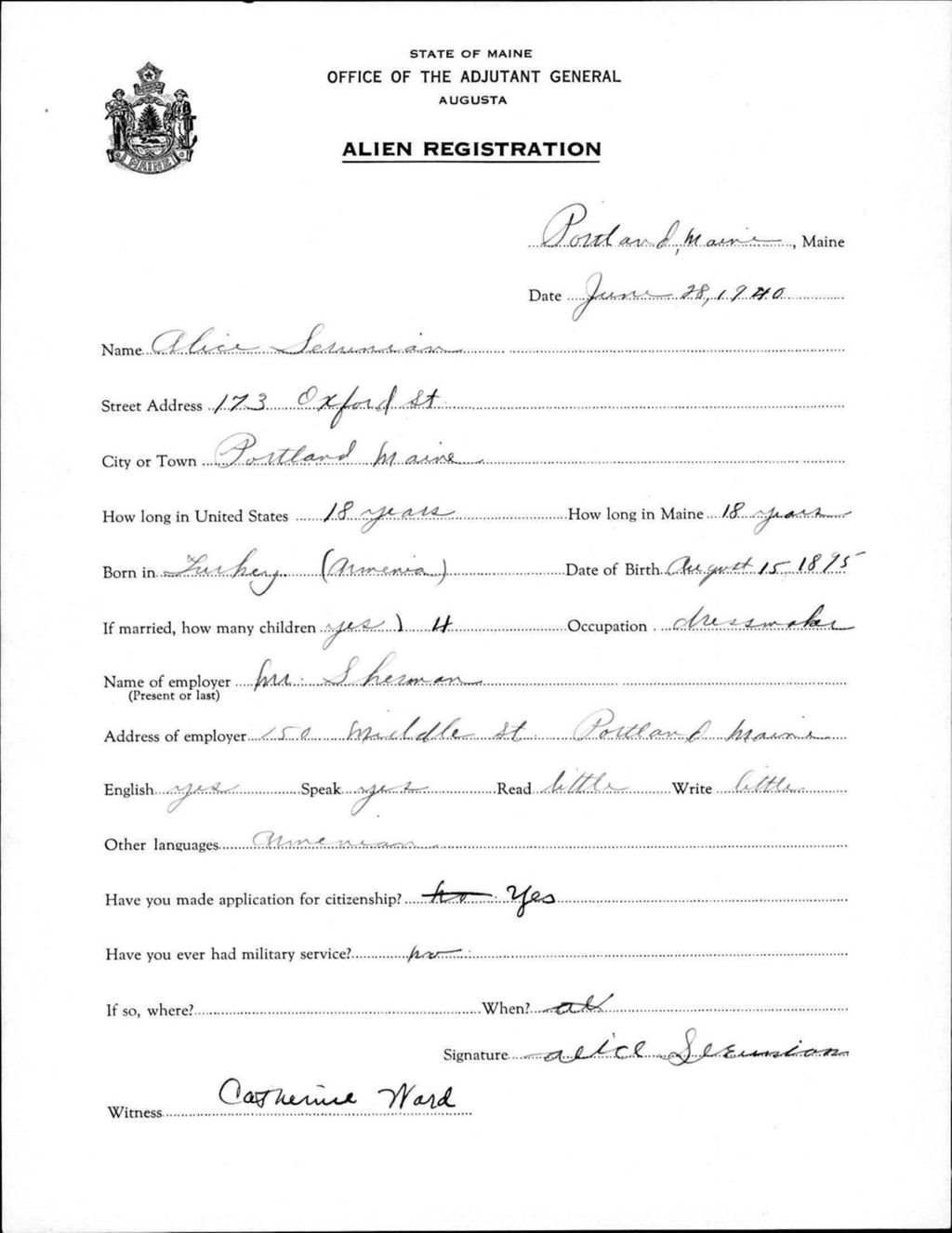 Alien Registration- Serunian, Alice (Portland, Cumberland County)
