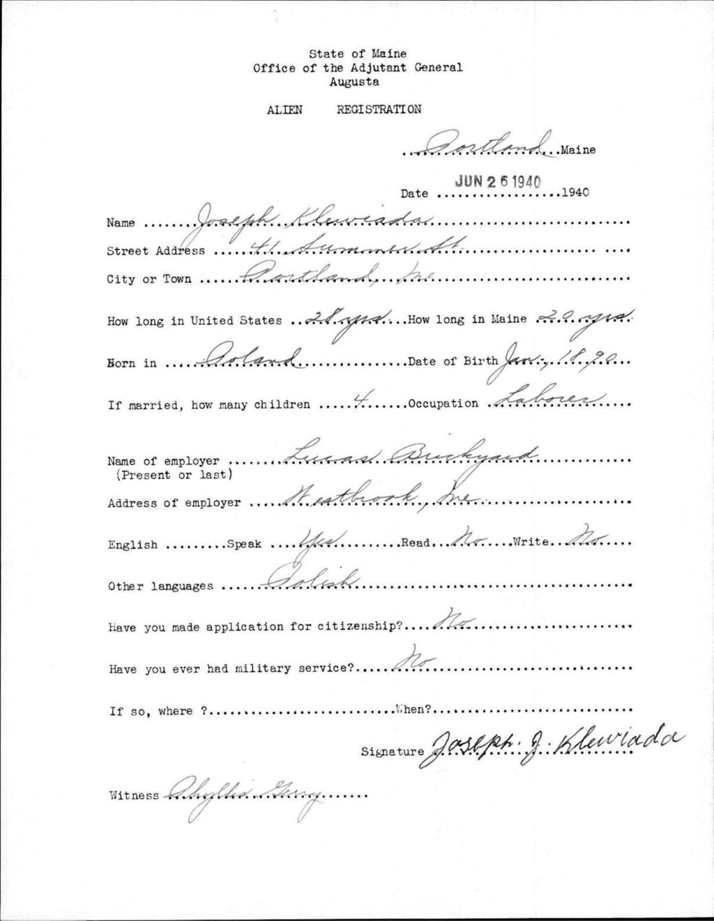 Alien Registration- Klewiada, Joseph (Portland, Cumberland County)