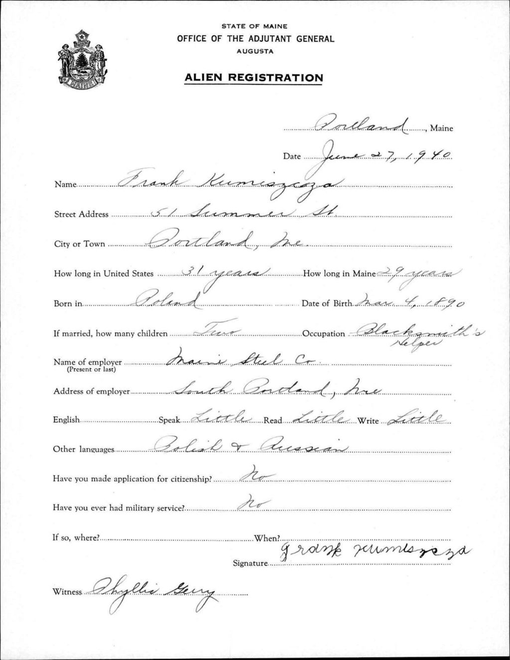 Alien Registration- Kumiszcza, Frank (Portland, Cumberland County)