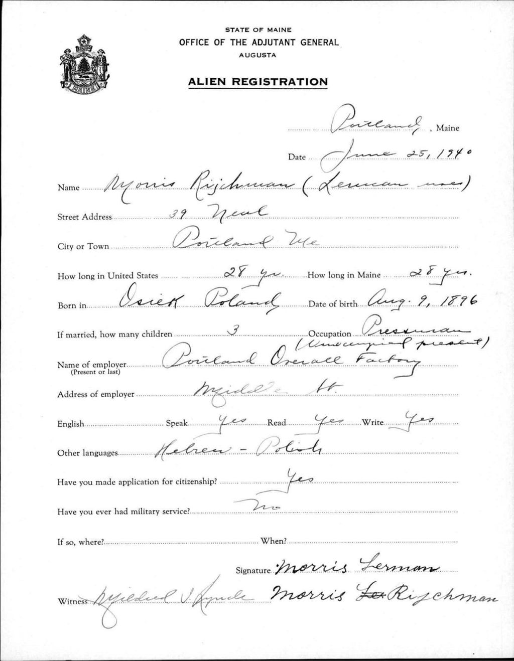 Alien Registration- Lerman, Morris (Portland, Cumberland County)