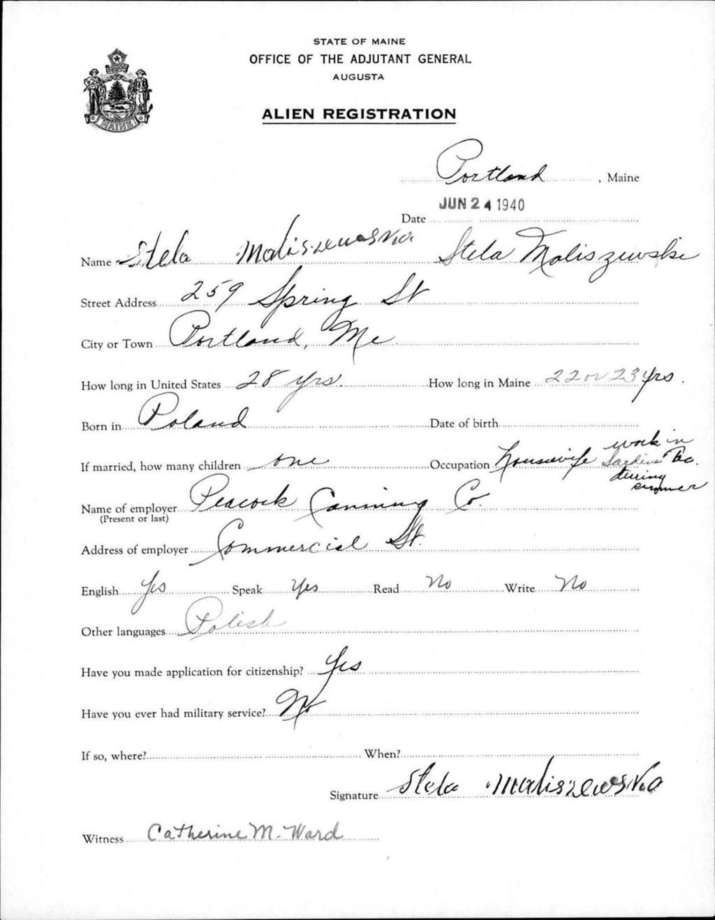 Alien Registration- Maliszewski, Stela (Portland, Cumberland County)