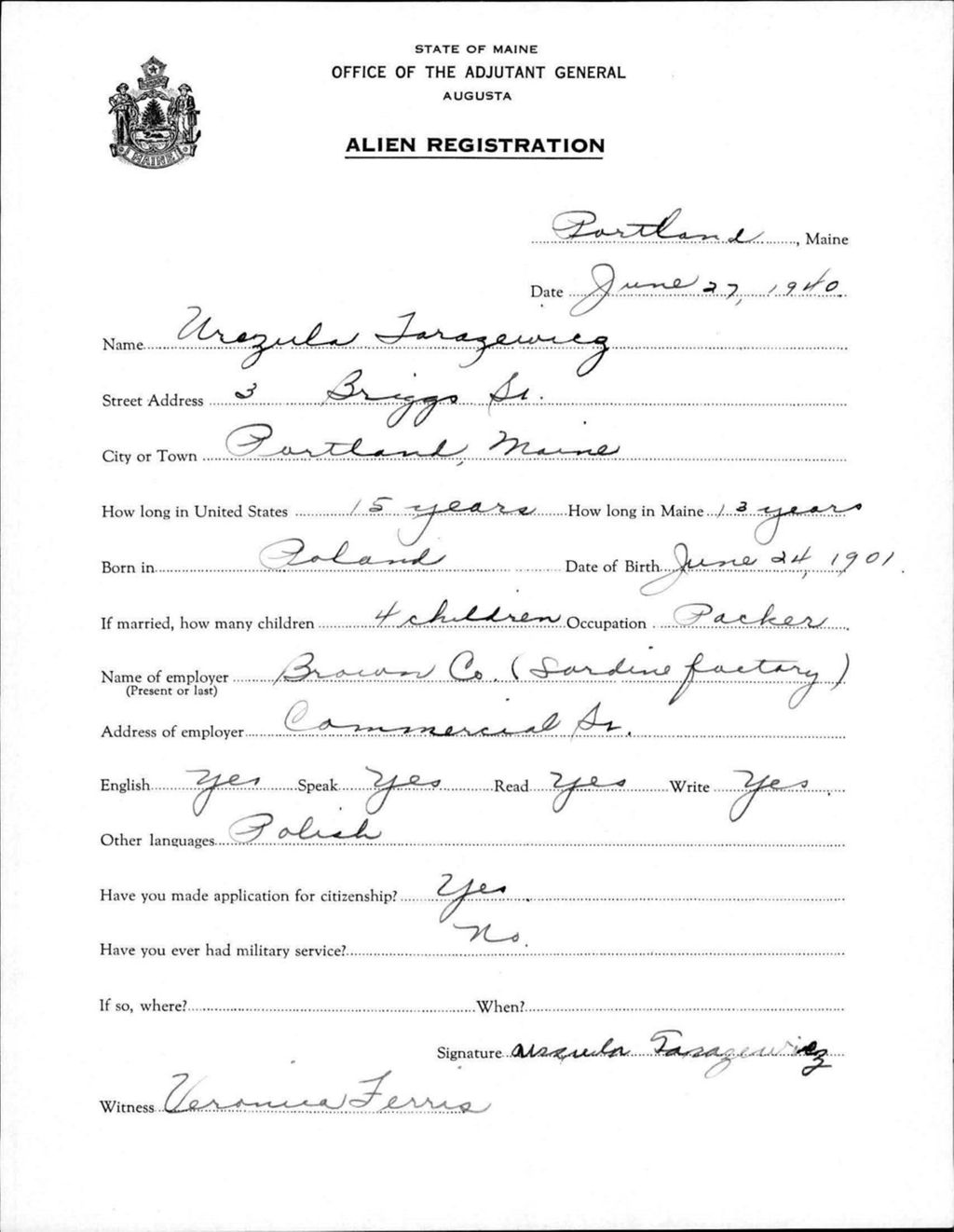 Alien Registration- Tarazewicz, Urazula (Portland, Cumberland County)