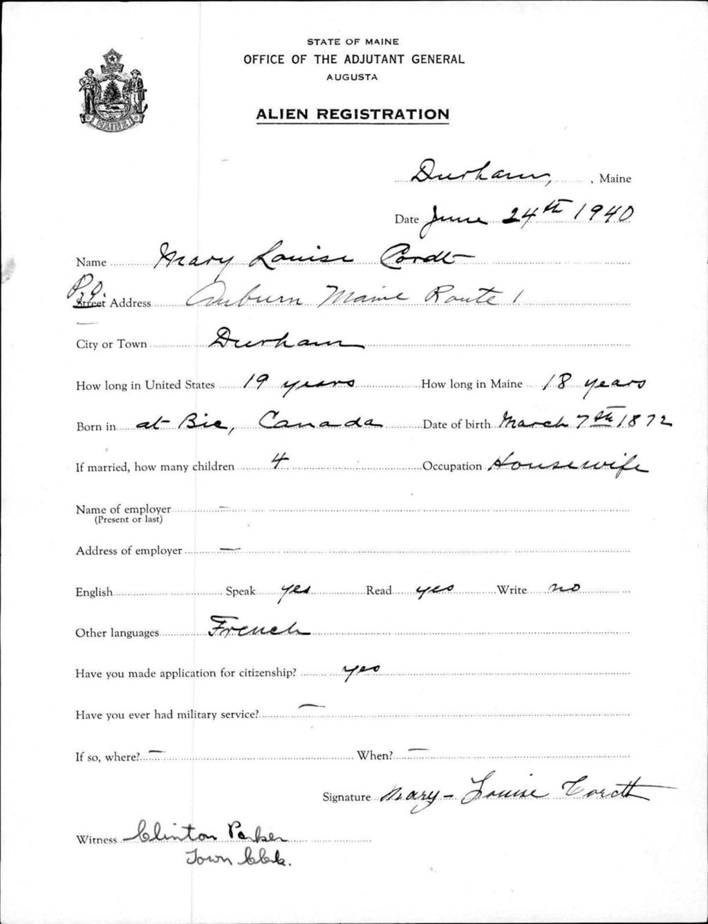 Alien Registration- Cordet, Mary L. (Durham, Androscoggin County)