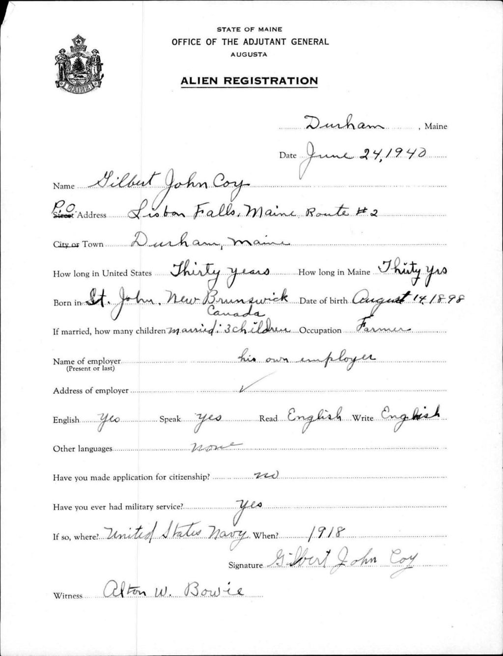 Alien Registration- Coy, Gilbert J. (Durham, Androscoggin County)