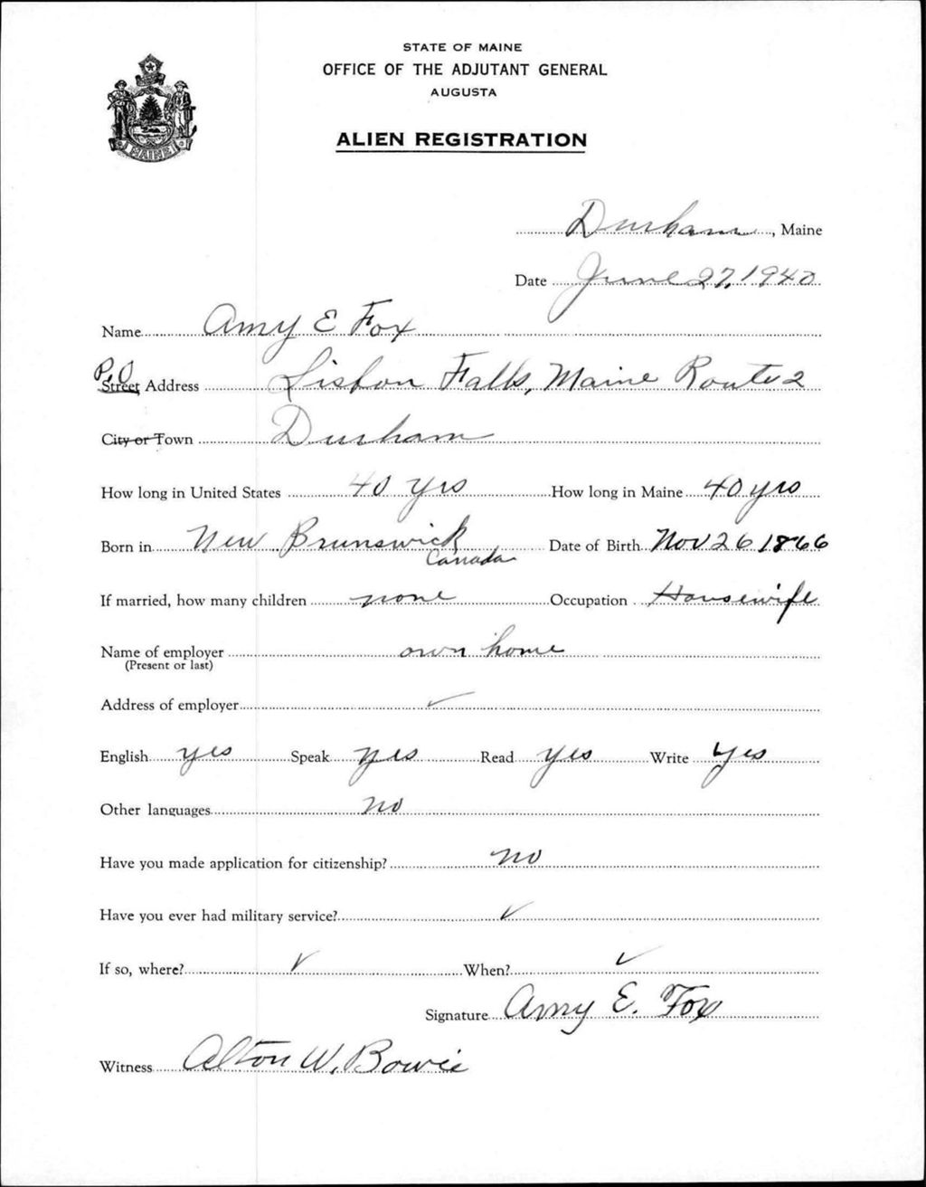 Alien Registration- Fox, Amy E. (Durham, Androscoggin County)