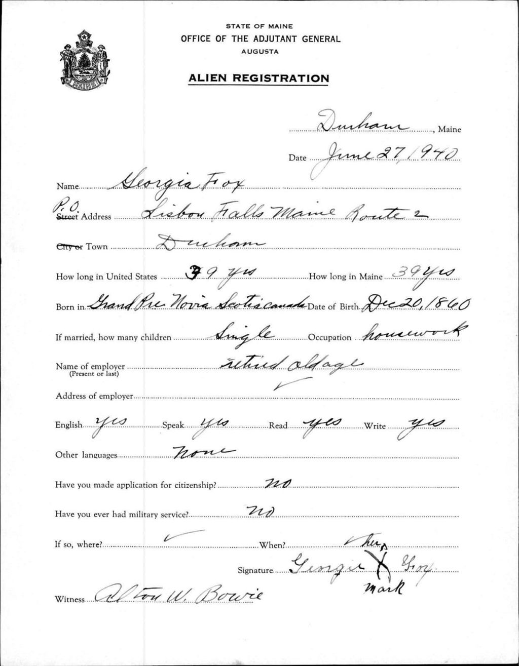 Alien Registration- Fox, Georgia (Durham, Androscoggin County)