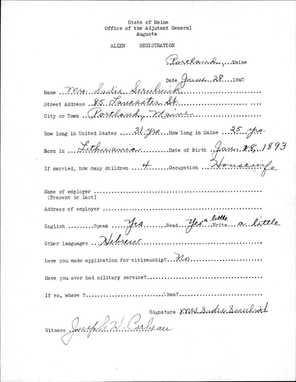 Alien Registration- Serulnick, Sadie (Portland, Cumberland County)
