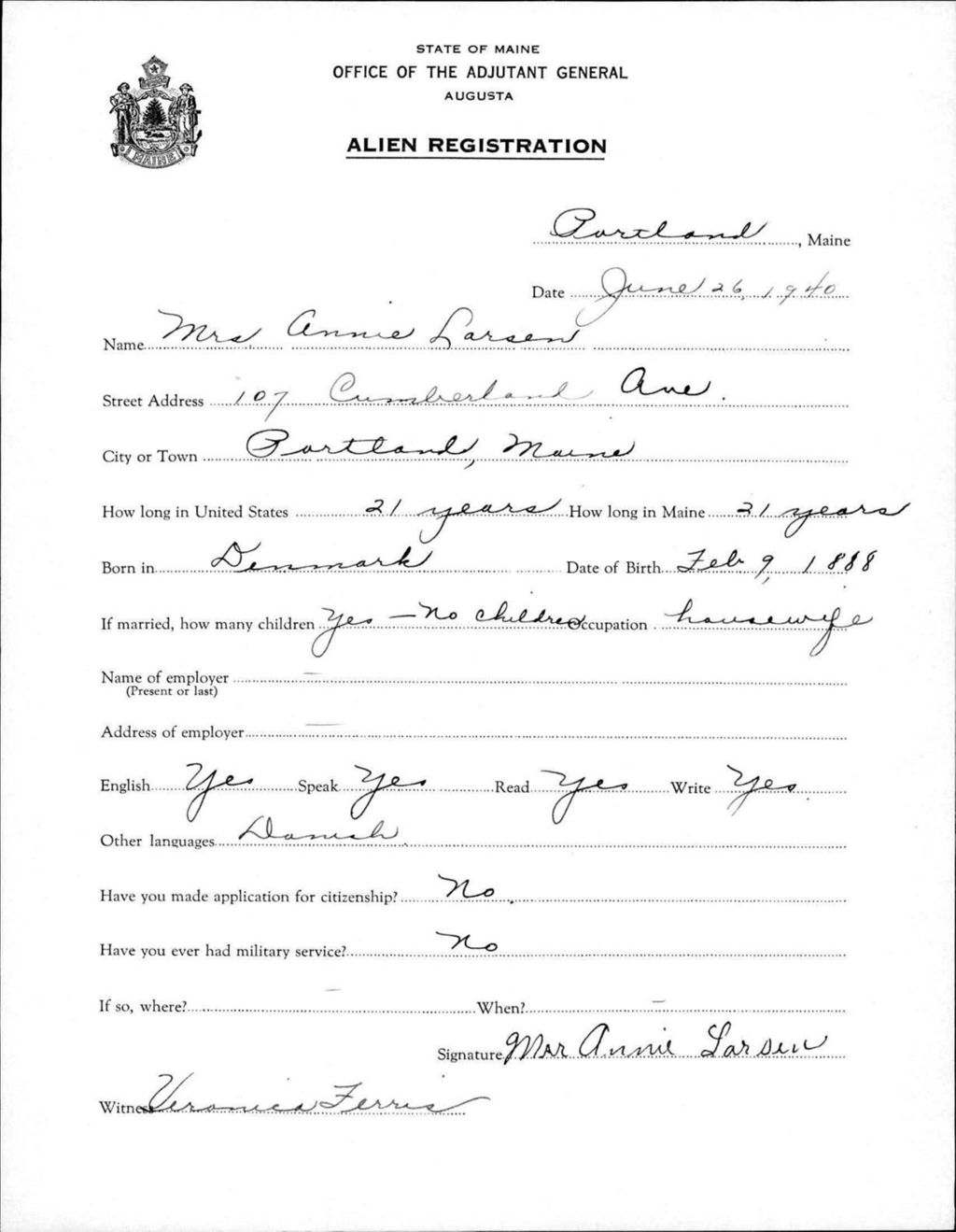 Alien Registration- Larsen, Annie (Portland, Cumberland County)