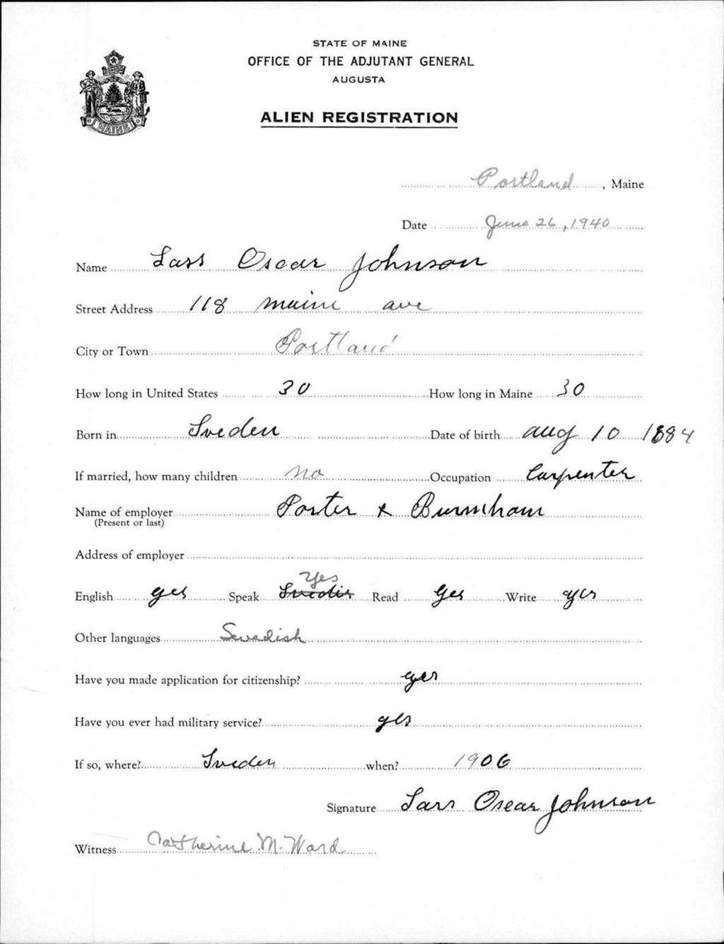 Alien Registration- Johnson, Lars O. (Portland, Cumberland County)