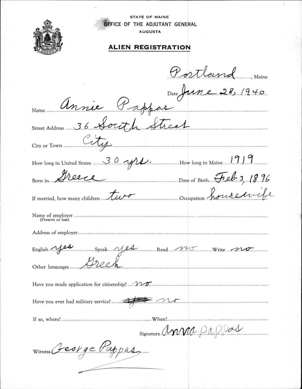 Alien Registration- Pappas, Annie (Portland, Cumberland County)