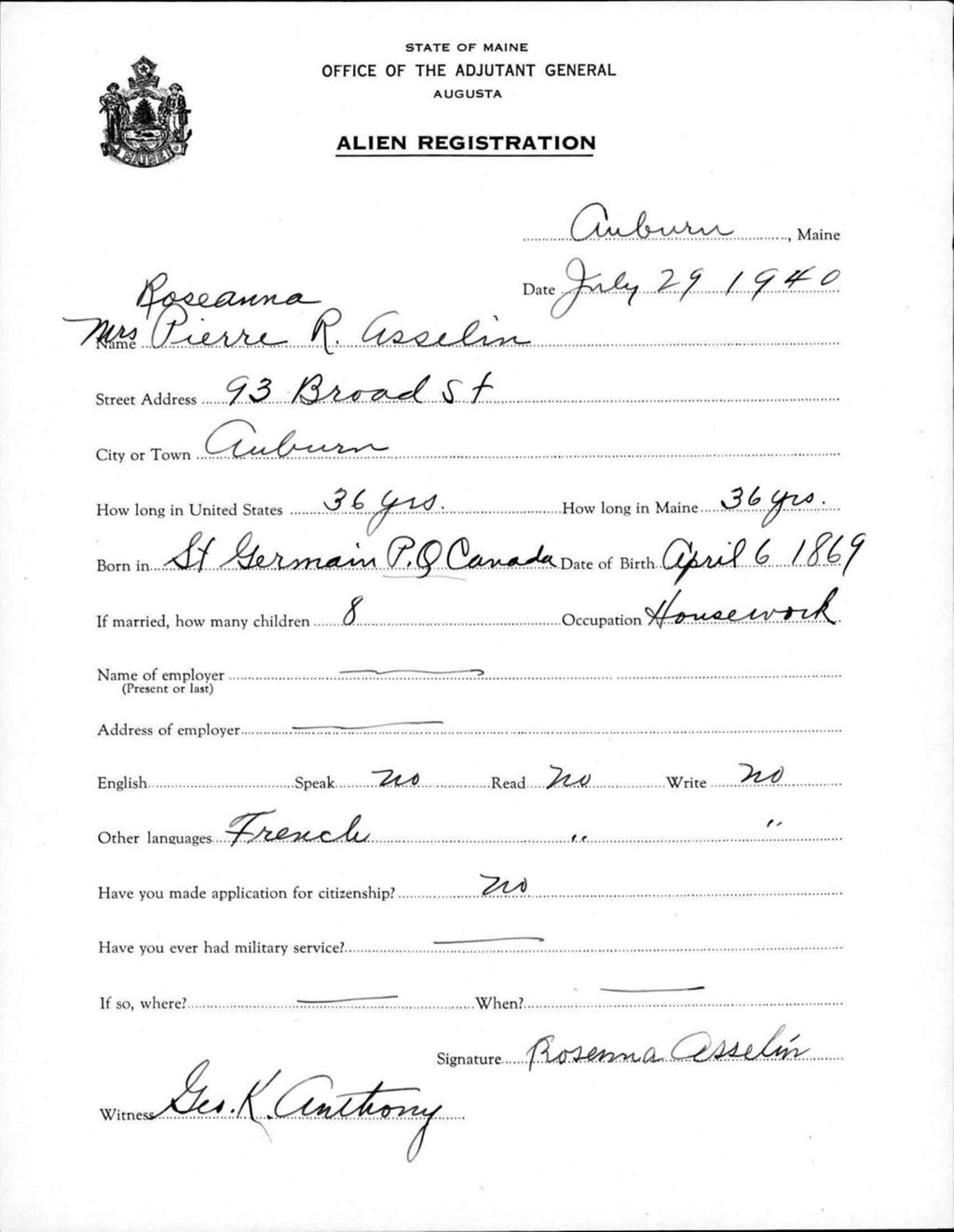 Alien Registration- Asselin, Roseanna (Auburn, Androscoggin County)