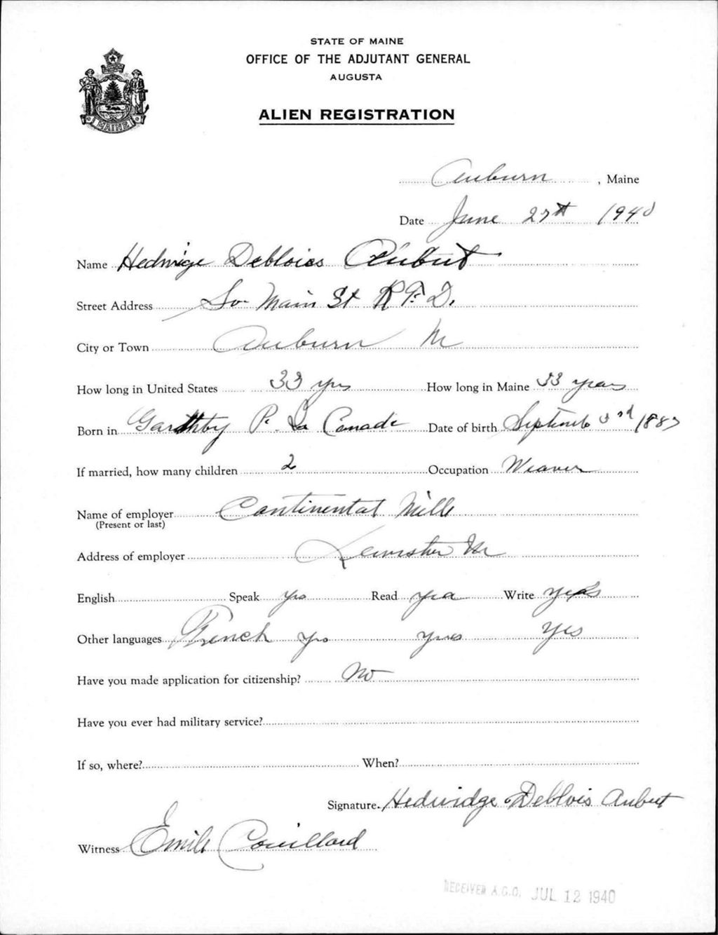 Alien Registration- Aubut, Hedridge D. (Auburn, Androscoggin County)