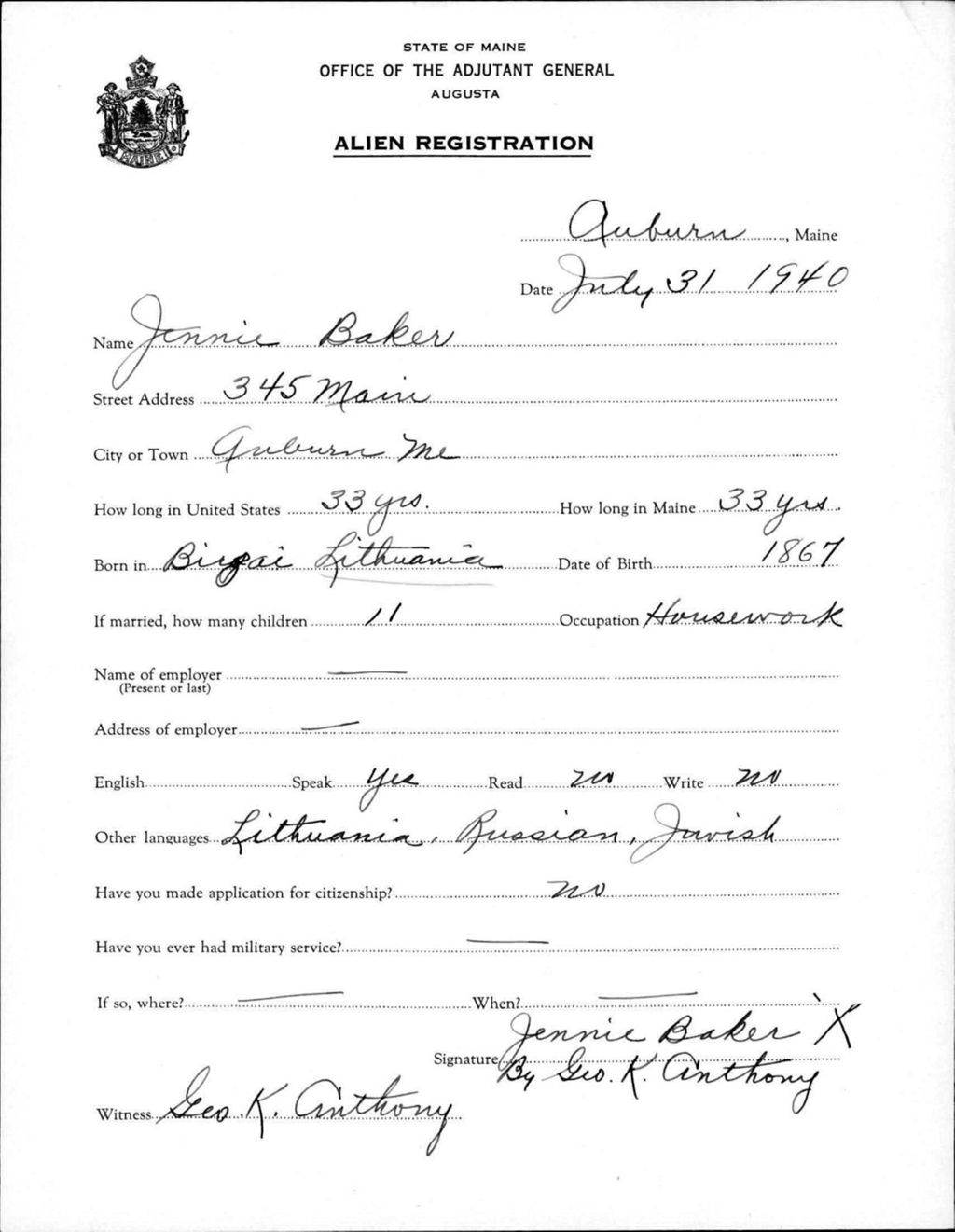 Alien Registration- Baker, Jennie (Auburn, Androscoggin County)