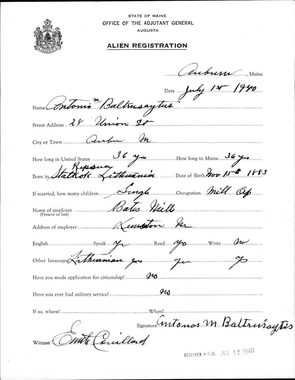 Alien Registration- Baltrusaytus, Antonio M. (Auburn, Androscoggin County)