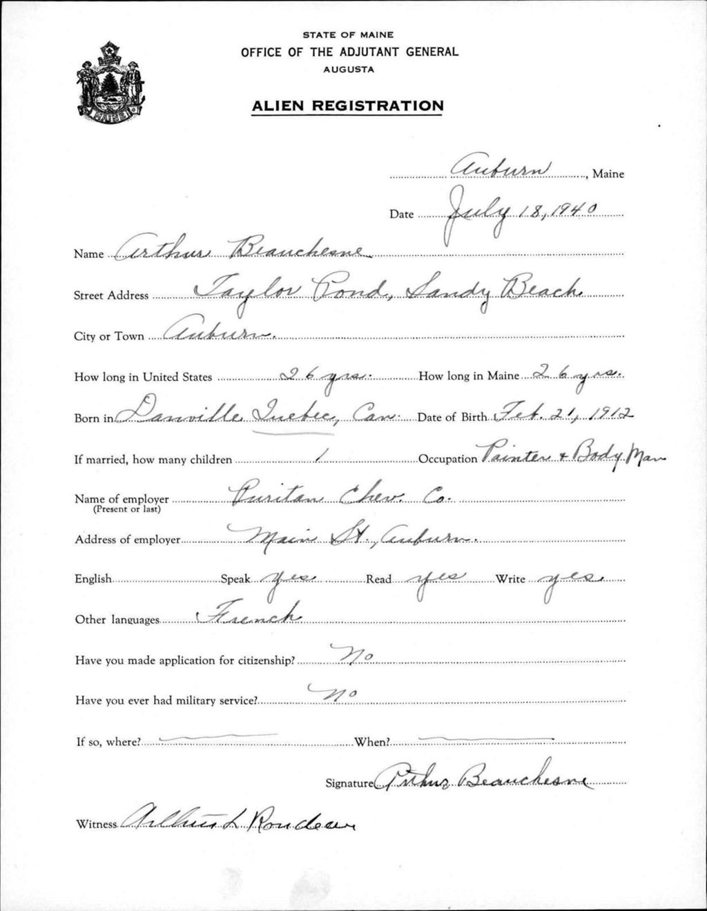 Alien Registration- Beauchesne, Arthur (Auburn, Androscoggin County)