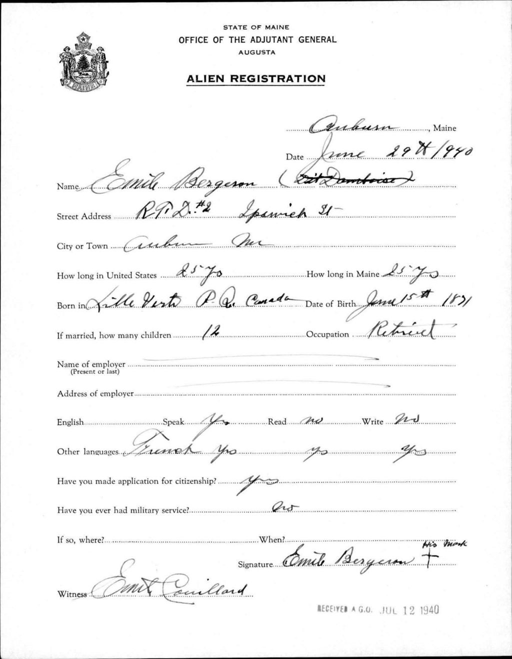 Alien Registration- Bergeron, Emile (Auburn, Androscoggin County)