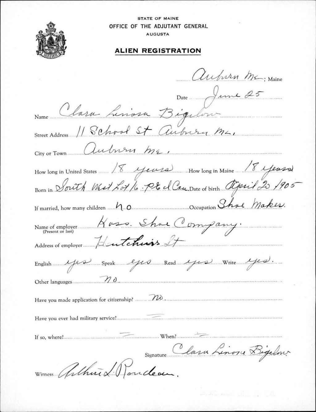 Alien Registration- Bigelow, Clara L. (Auburn, Androscoggin County)