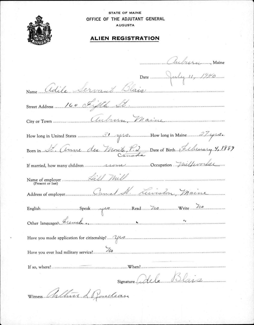Alien Registration- Servant, Adile (Auburn, Androscoggin County)