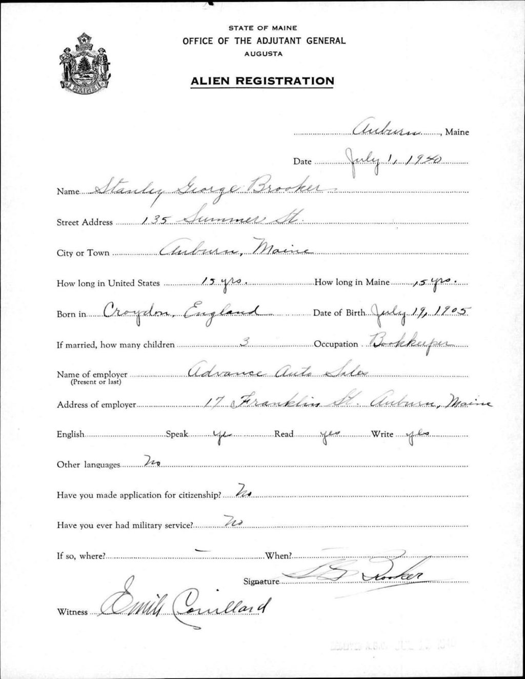 Alien Registration- Brooker, Stanley G. (Auburn, Androscoggin County)