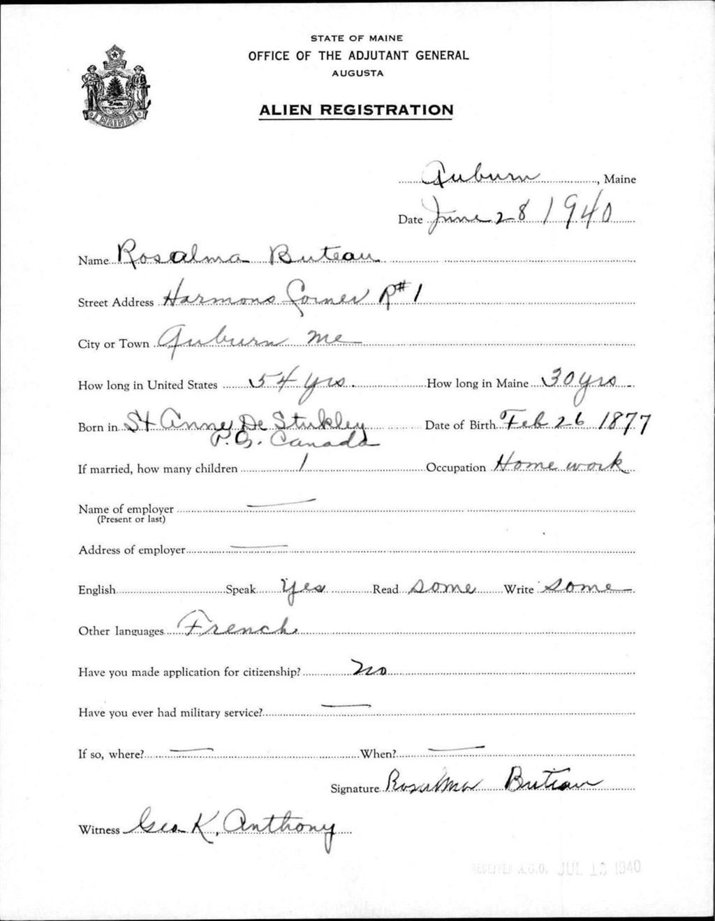 Alien Registration- Buteau, Rosalma (Auburn, Androscoggin County)