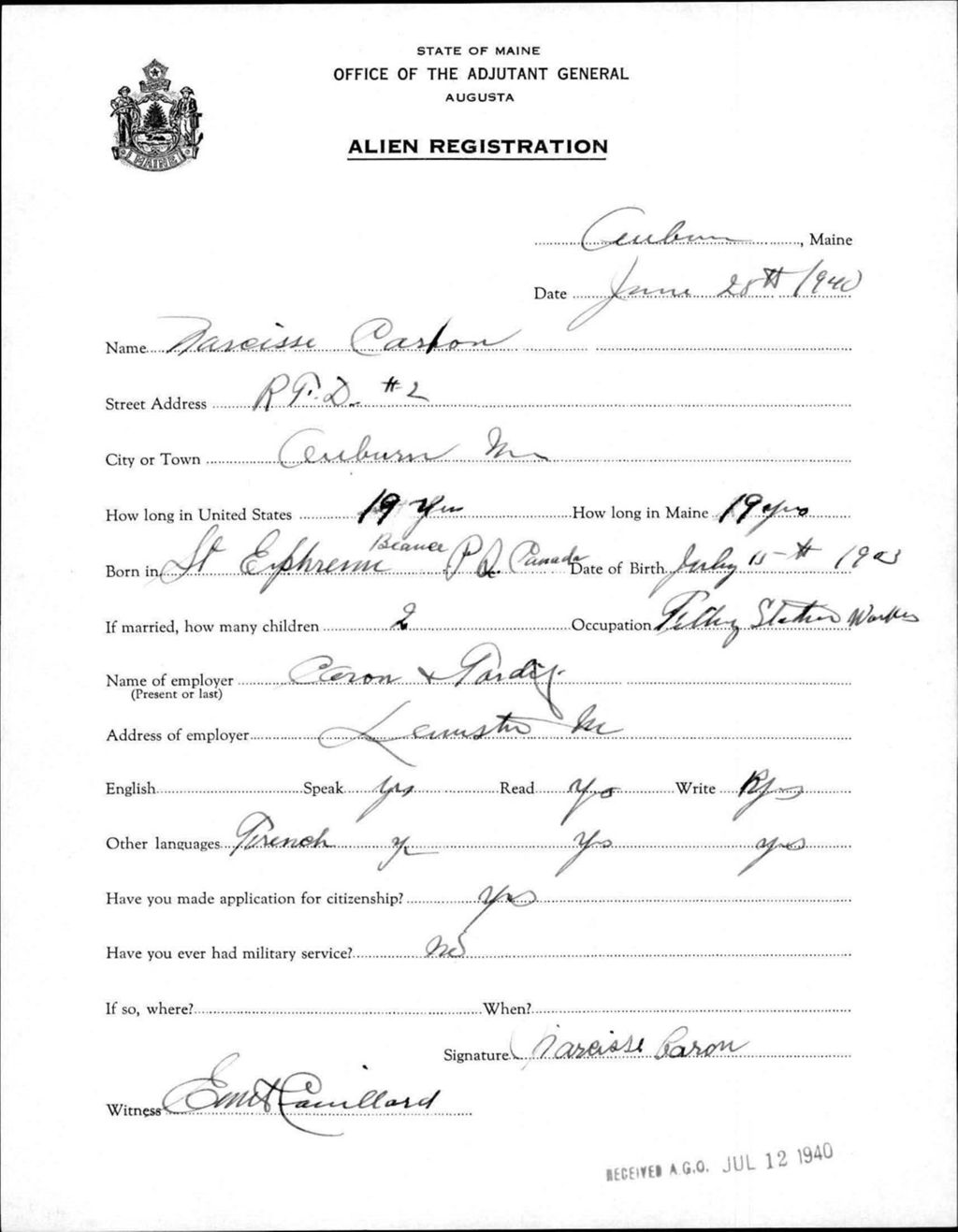 Alien Registration- Caron, Narcisse (Auburn, Androscoggin County)