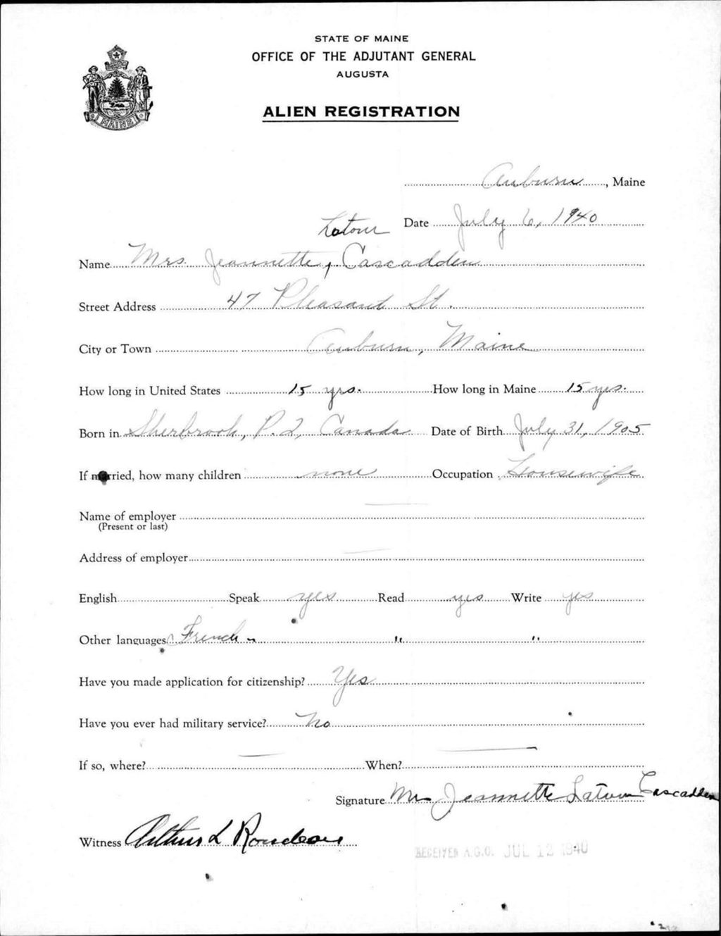 Alien Registration- Latour, Jeannette (Auburn, Androscoggin County)