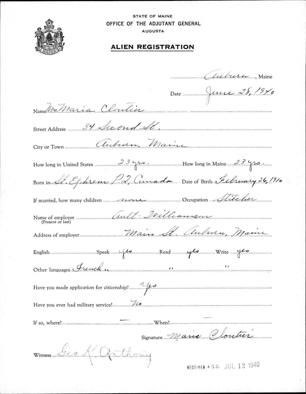 Alien Registration- Cloutier, Maria (Auburn, Androscoggin County)
