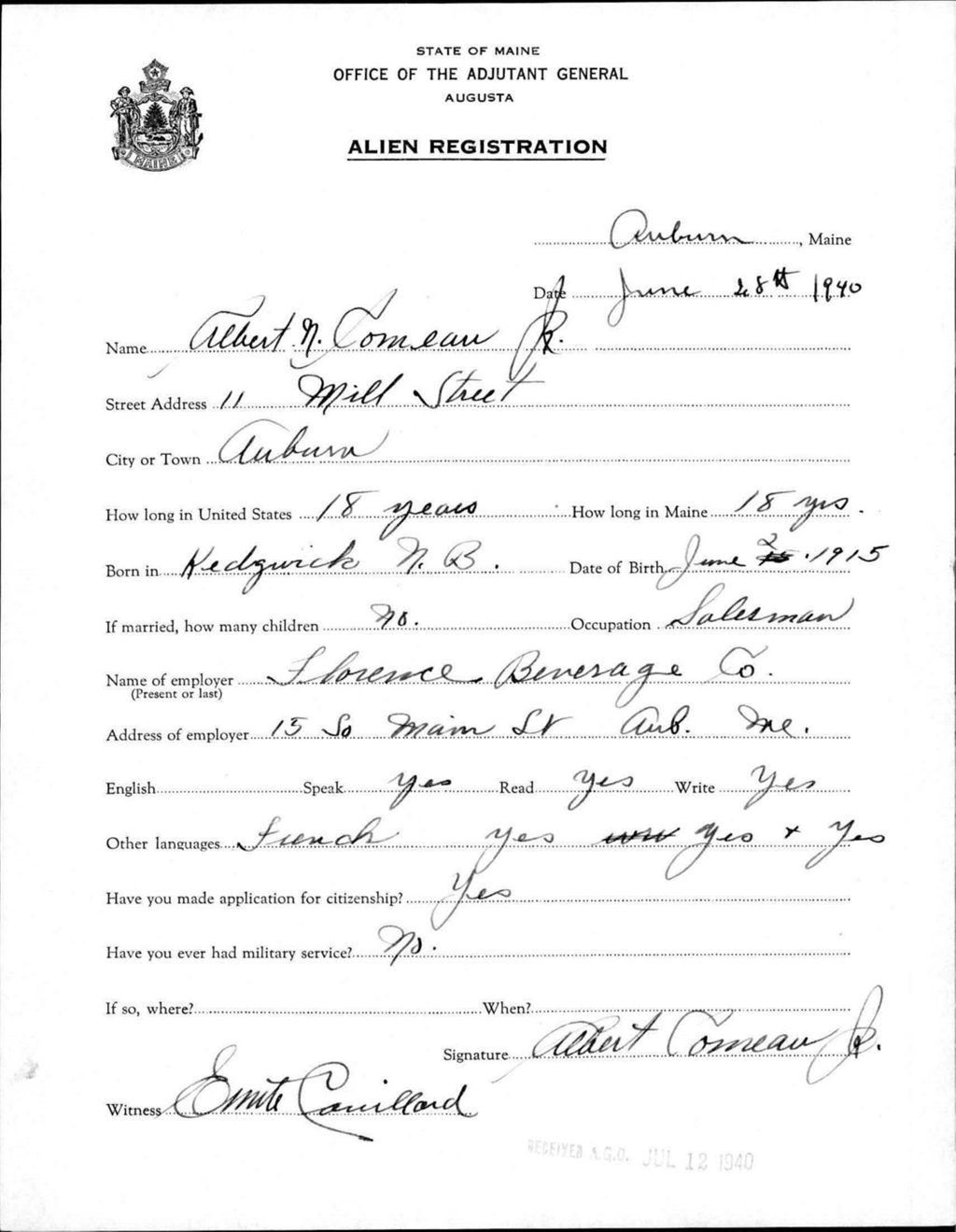 Alien Registration- Comeau, Albert N.,Jr. (Auburn, Androscoggin County)