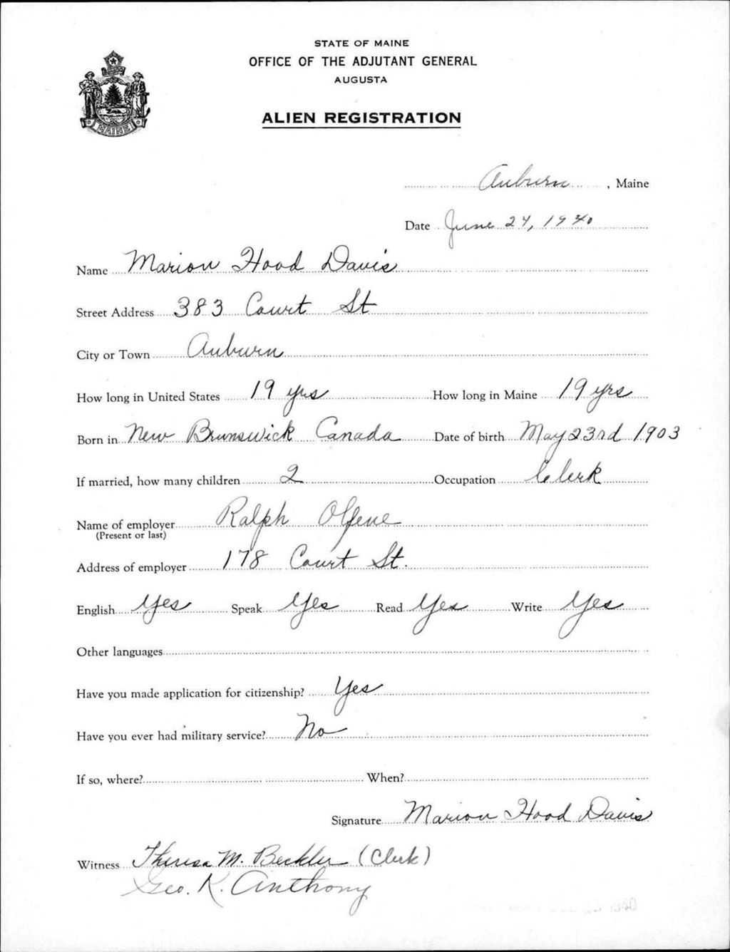 Alien Registration- Hood, Marion (Auburn, Androscoggin County)