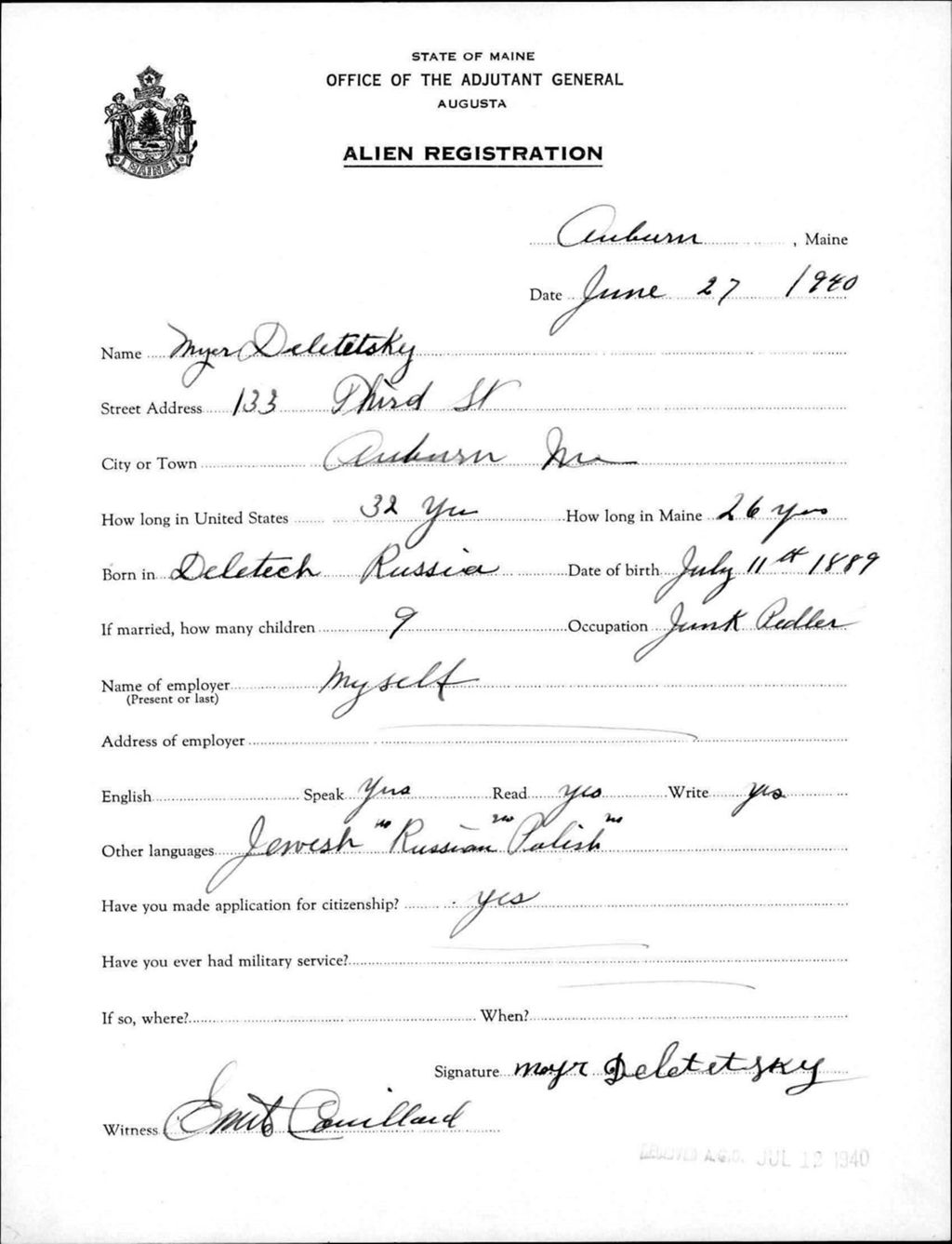 Alien Registration- Deletetsky, Myer (Auburn, Androscoggin County)