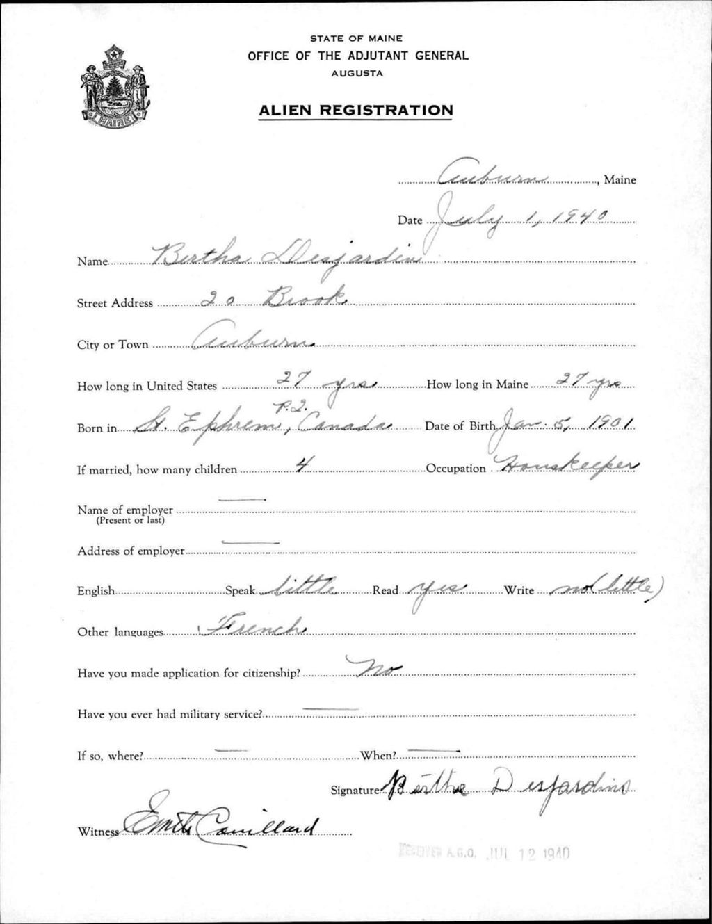 Alien Registration- Desjardin, Bertha (Auburn, Androscoggin County)