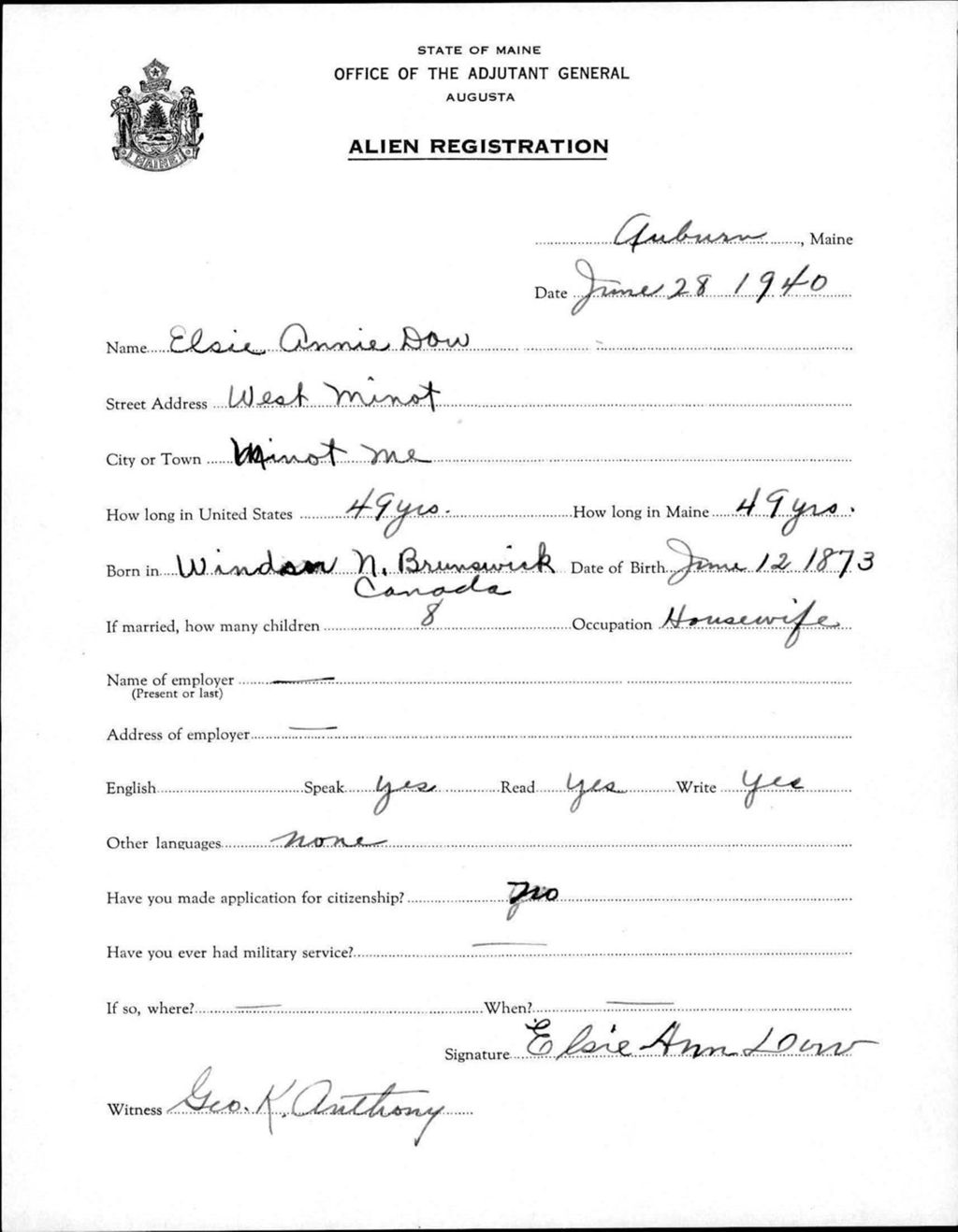 Alien Registration- Dow, Elsie A. (Auburn, Androscoggin County)
