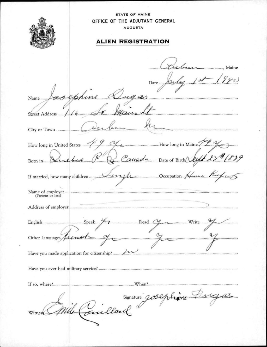 Alien Registration- Dugas, Josephine (Auburn, Androscoggin County)